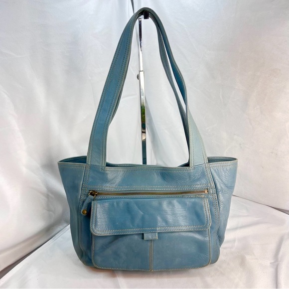 Fossil Light Blue Leather Tote - Vintage-Inspired with Gold Hardware! - Picture 6 of 7